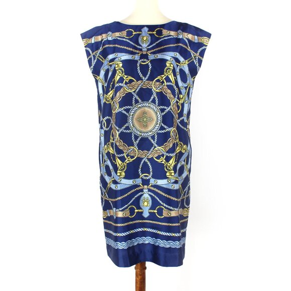 J. McLaughlin Althea Blue Equestrian Print Boatneck Shift Dress XS Cap Sleeve - Picture 2 of 9